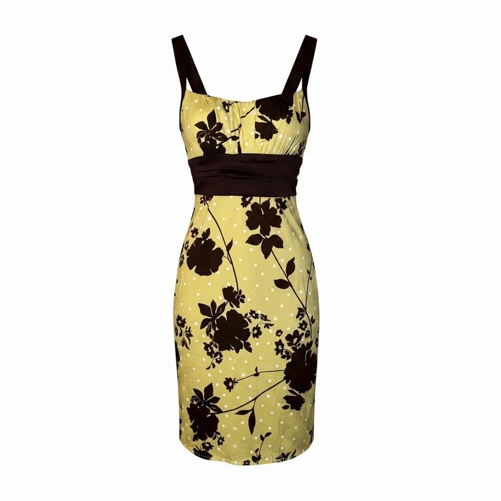 Dressbarn Floral Polka Dot Empire‎ Waist Sheath Dress Green Brown Sleeveless 4